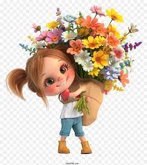 Spring Time - Cartoon Girl Holding a Large Bouquet of Flowers - CleanPNG