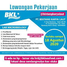 Inilah lowongan kerja pabrik terbaru di semarang 2021. Lowongan Kerja Posisi Lab Microbiology Pt Bintang Karya Laut Sendangmulyo Sluke Tanpa Syarat Pendidikan Lowongan Rembang