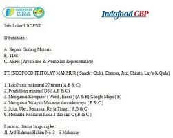 Pt indofood sukses makmur merupakan perusahaan besar asal indonesia yang telah berdiri sejak tahun 1990 dan terus berkembang pesat hingga saat ini seiring dengan berikut ini informasi mengenai posisi yang sedang dibuka, kualifikasi dan tatacara melamar loker pt indofood tersebut. Lowongan Kerja Lowongan Pt Indofood Fritolay Makmur