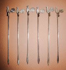6 Vintage Adolph Scott Sterling & Enamel Cocktail Sticks-Cockerel Martini  Picks