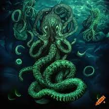Lovecraft cthulhu with tentacles green and dark underwater on Craiyon
