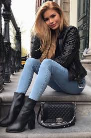 Black Boots With Blue Jeans Womens Black Ankle Boots Fall Outfit With Denim Jeans And Faux Leather Jacket Fashion Trend Black Leather Jacket Outfits Trending Fashion Outfits