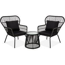 Best Choice Products 3 Piece Patio Wicker Conversation Bistro Set W 2 Chairs Glass Top Side Table Cushions Black Walmart Com In 2020 Small Glass Dining Table Bistro Furniture Bistro Set