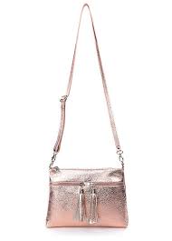 10.75 x 8.5 x 4 rubber satchel style handbag with detachable crossbody strap. Rose Gold Metallic Italian Leather Zip Crossbody Bag By Kaleidoscope Look Again