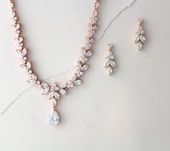 Rose Gold Bridal Necklace And Earrings Bridal Jewelry Set Rose Gold Cubic Zirconia Wedding Necklace Set Leaf Style Wedding Jewelry For Bride Gold Bridal Necklace Bridal Necklace Wedding Necklace