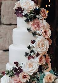 Best Wedding Cakes Of 2018 White Wedding Cake With Blush Peach And Burgundy Wedding Sugar Flowers Weddings Cool Wedding Cakes Dream Wedding Wedding Cakes