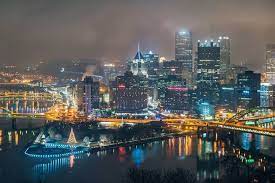 Dave Dicello Photography Pittsburgh At Night At Christmas With The Tree Lit In Place Of The Fountain At The City Lights At Night Night City New York Skyline