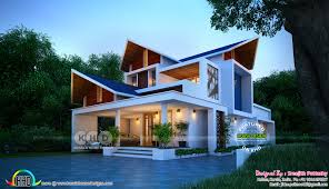 Detail drawing of sloping roof plan , slop in every side, levels details, centre line and dimensions line details. 2233 Sq Ft 3 Bedroom Sharp Sloped Roof House Kerala Home Design And Floor Plans 8000 Houses