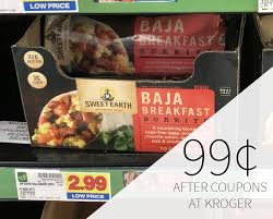 A southwestern beefless burrito with a red label and the sweet earth logo beside a burrito. Sweet Earth Frozen Burritos Just 99 At Kroger