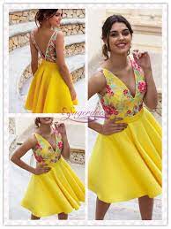 Free Shipping Illusion Back Floral Embroidery Daffodil Homecoming Dress Classy Evening Gowns Yellow Homecoming Dresses Short Dresses