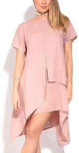 Pink Layered Asymmetrical Hem Linen Shift Dress Women