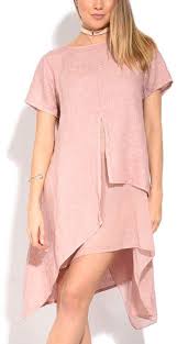 pink layered asymmetrical hem linen shift dress women