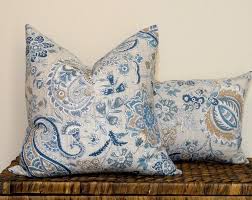 Blue Paisley Hamptons Cushion Metalic Silver Turquoise Grey Slate Tan Linen Rayon Decorative Pillow Beachy Coast Pillows Decorative Pillows Decorative Blankets