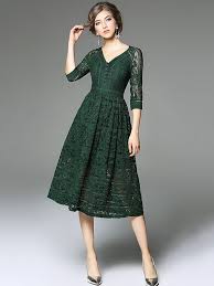 Shop Green V Neckline Hollow Out Lace Dress On Metisu Com Discover Stylish And Vogue Women S Dresses Fo Lace Dress Design Green Lace Dresses Fashion Dresses