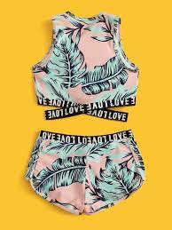 Girls Tropical Letter Tape Shorts Bikini Swimsuit Shein Usa Bikini Swimsuits Bikini Shorts Swimsuits