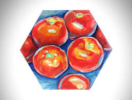 Shop cute fruit art drink bottles designed by artists. Tomato Small Art Painting Hexagon Canvas Fruit Vegetable Berry Still Life Original Acrylic Wall Decor Kitchen Geometric Red Blue Cute Little Painting By Taisiia Yaroshenko Saatchi Art