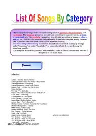 List Of Songs By Category Such As Vocabulary Grammar Discussion T Song List Songs Speech Topics