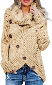 Buy Temofon Women S Turtle Cowl Neck Sweater Long Sleeve Casual Button Asymmetric Hem Wrap Pullover Sweaters Tops S 2xl Online In Turkey B07xb3xdyd