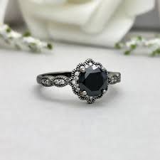 Round Black Onyx Black Rhodium Art Deco Ring Floral Round Simulated Diamond Sterling Silver Engagement Rings Black Onyx Engagement Ring Simulated Diamond Rings