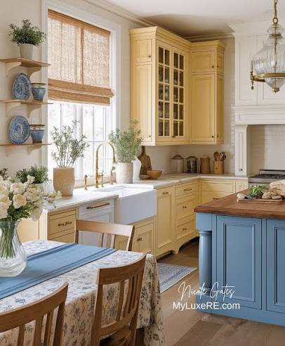 I've loving this country vibe! 💛🤎💙 What are your thoughts and yellow and  blue cabinets? 🤔