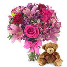 Silk flower, florists in singapore, flower arrangement, florist in marine parade, singapore flower shop, birthday gift, singapore flowers delivery we do same day delivery for flowers & gifts, special baby gifts, new born baby hampers & birthday flowers. Pink Rose Teddy Bear Bouquet At Send Flowers