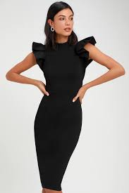 Stylish Splendor Black Backless Ruffle Bodycon Midi Dress Party Dress Classy Midi Dress Bodycon Christmas Party Dresses Classy