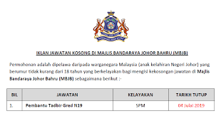 Kerja kosong jobs now available in johor bahru. Jawatan Kosong Di Majlis Bandaraya Johor Bahru Mbjb Kelayakan Spm Ejawatankini Com