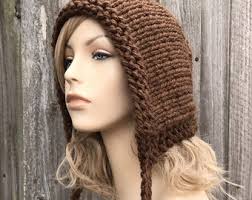 Knit Bonnet Adult, Chunky Knit Hat, Womens Hat, Mens Hat, Winter Hat, Knit  Hood With Ties, Aviator Hat, Knit Cap, Chocolate Brown