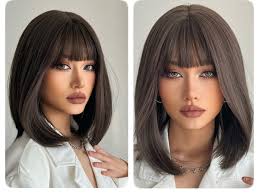 Amazon.com : oremiy Ombre Brown Blonde Bob Wig with Bangs Natural Short  Straight Wigs for Women Shoulder Length Synthetic Wigs for Daily Cosplay :  Beauty & Personal Care