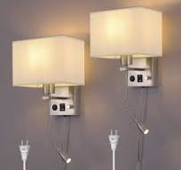 2-Pack Bedside Lights, Plug in Wall Sconce with Two USB Charging Ports, Dimmable Reading Lamp with Fabric Shade and On/Off Switch, for Home or Hotel, ...