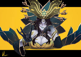 bluecup, phantylia (honkai: star rail), honkai: star rail, honkai (series),  highres, 1girl, aqua lips, bare shoulders, black gloves, black sclera, blue  sky, breasts, cleavage, colored sclera, gloves, grin, hat, large breasts,  looking