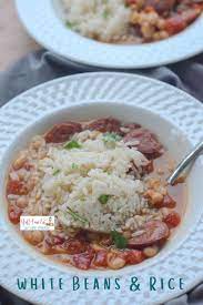 White Beans And Rice Recipe With Sausage Recipe Canned Beans Recipe White Bean Recipes Ham And Bean Soup