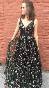 Black Tulle With Flower Design Long Prom Dress Bd6897 Floral Prom Dresses Evening Dresses V Neck Prom Dresses