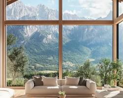 Gambar modern wooden house with large glass windows, a pitched roof, and a minimalist interior
