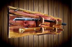 Rustic Sword Rack Display Live Edge Knotty Cedar Wall Mount Military Saber Samurai Katana Saber Cherry Blade And Sheath Hange Sword Display Sword Display