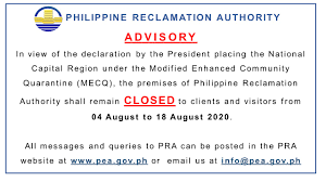Stringent limiting movement and transportation of people, strict regulation of operating industries, provision of food and essential services, and heightened presence of uniformed personnel. Philippine Reclamation Authority