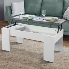 Table basse avec piètement métal gris foncé. Table Basse Plateau Relevable Tara Bois Blanc Et Gris 13216