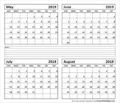 Printable Blank Four Month May June July August 2019 Calendar Template June July August 2019 Calendar August Calendar Calendar May June Calendar Printable