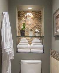 Yellow bathroom with red tile wall, wood vanity and vessel sink. Bathroom Niche Design Ideas Pictures Remodel And Decor Bathroom Niche Niche Decor Bathroom Niche Design