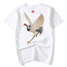 Crane T Shirt Japanese Streetwear Embroidered Tshirt Short Sleeve Pattern