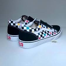 Black And White Checkered Vans Kids Vans Old Skool Checker Board Party Multi Color Rainbow Black White Pink Blue Red Board Party Multi Sneakers Cute Shoes Vans Shoes Fashion Vans