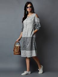 Grey Striped Cotton Cold Shoulder Dress Western Dresses For Girl Western Dresses For Women Striped Dress Summer