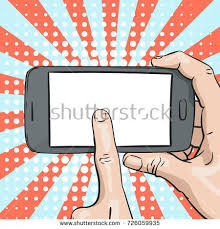 Vector Illustration Of Hand Holding Mockup Smartphone And Finger Pointing Blank Screen On Pop Art Backgroun Vector Illustration Pop Art Background Illustration
