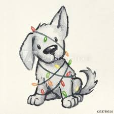 Cute Puppy Dog Wrapped In Christmas Tree Lights Hand Painted And Drawn Watercolor Christmas Cute Dog Drawing Cartoon Dog Drawing Puppy Cartoon