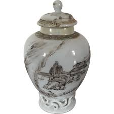 And is my metal lid likely a marriage? Antique 18th Century Vase Form Chinese Export Porcelain Tea Caddy Decorated With A Continuous Harbor Landscape En Grisaille Vase Antiques Chinese Export