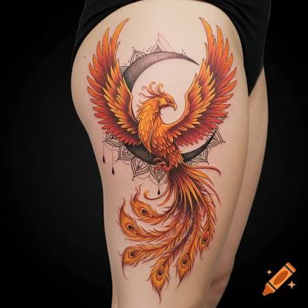 A vibrant orange and red phoenix tattoo with a black crescent moon and intricate mandala designs on a person's thigh. on Craiyon