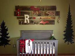 Wall Decor Above Crib In Woodland Themed Nursery Buffalo Plaid Reclaimed Wood Cribs Baby Wall Decals Nursery Wall Decor