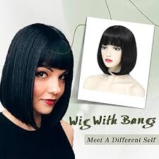 Black Bob Wig With Fringe Short Black Bob Wigs For Women Straight Shoulder  Length Wig With Bangs Natural Synthetic Hair Wig For  Cosplay,Halloween,Daily Use African American Bob Wigs