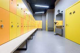 Find durable yellow vinyl flooring for your home from wood effect to creative marble & tile effect vinyl. Time To Hit The Locker Room Yellow And Orange Combined With The Grey Vinyl Flooring Give It A Sleek And Modern F Grey Vinyl Flooring Locker Storage Room Gym