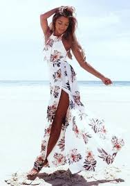 Auf erste bestellung von damenkleidern auf modetalente.com erhalten sie 10% rabatt! Weiss Blumen Neckholder Cut Out Ruckenfreies Schlitz Bohemian Elegante Maxikleider Sommerkleider Strandkleider Maxikleider Kleider